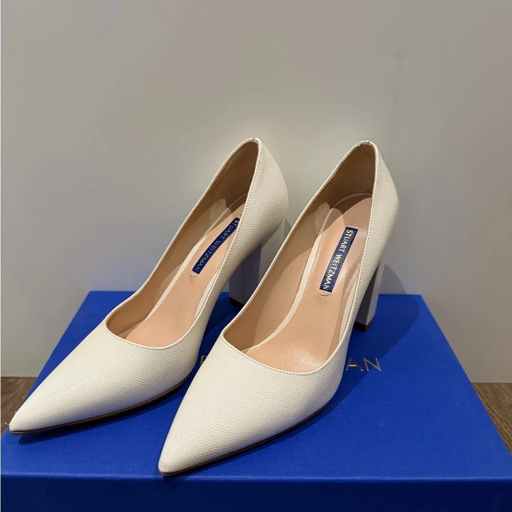 Stuart Weitzman Cream Pointed Toe Block Heel Pumps - Textured Leather - Picture 4 of 7